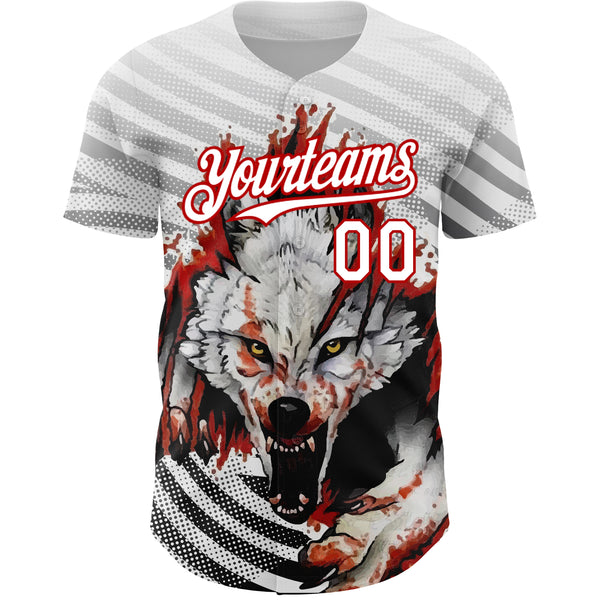 Custom White Red 3D Pattern Design Animal Wolf Authentic Baseball Jersey