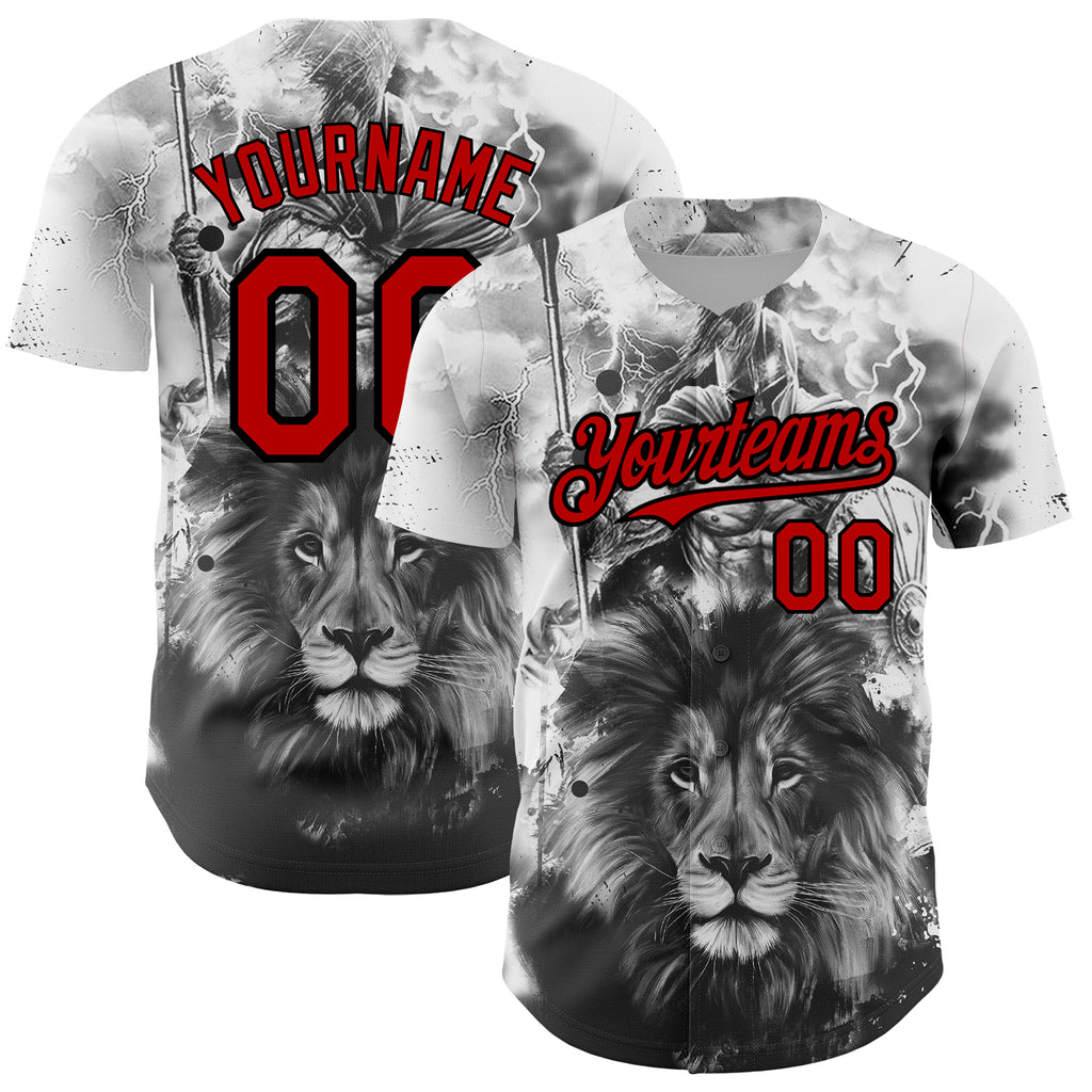 Custom White Red-Black 3D Pattern Design Animal Lion Authentic Baseball Jersey