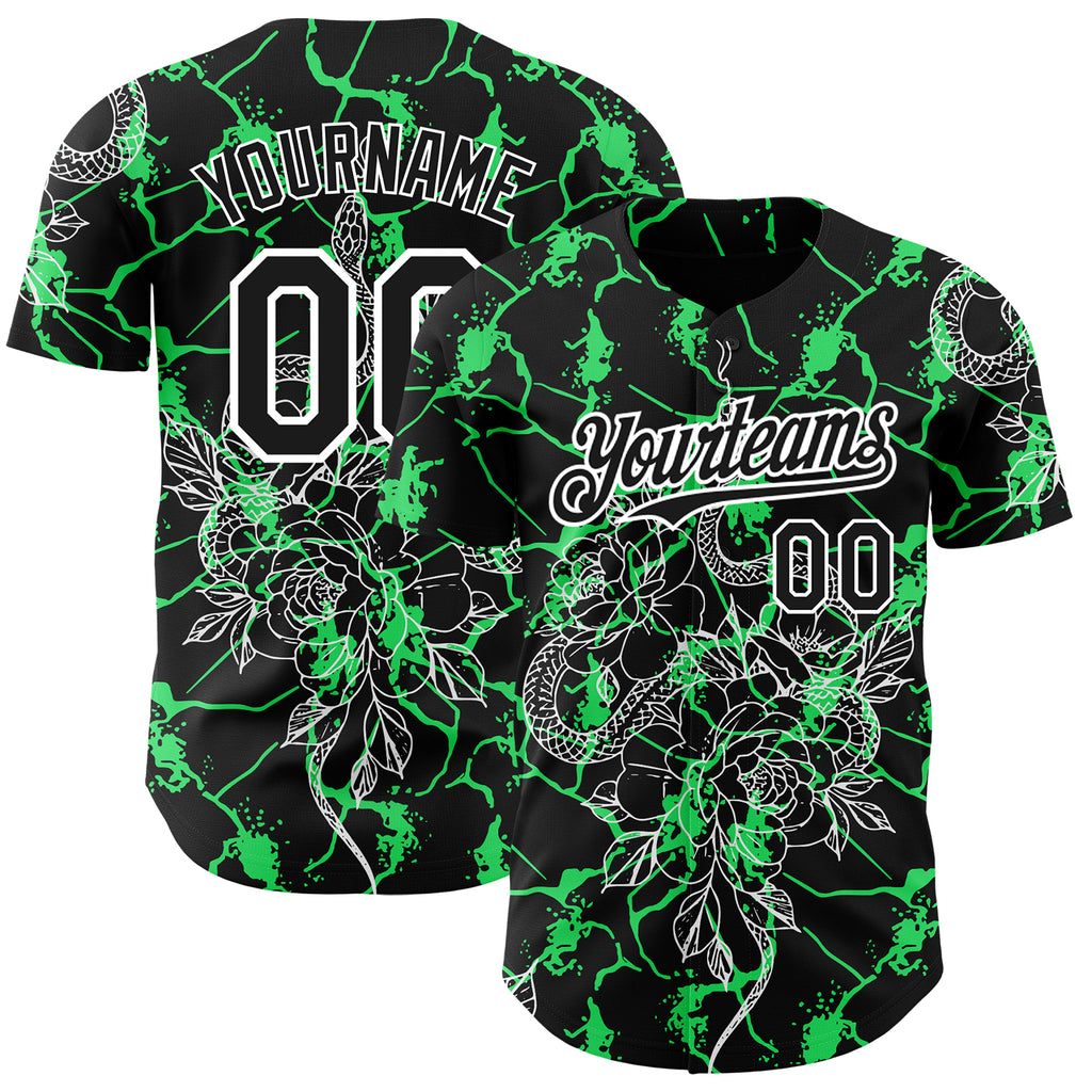 Custom Black Neon Green-White 3D Pattern Design Animal Snake Authentic Baseball Jersey