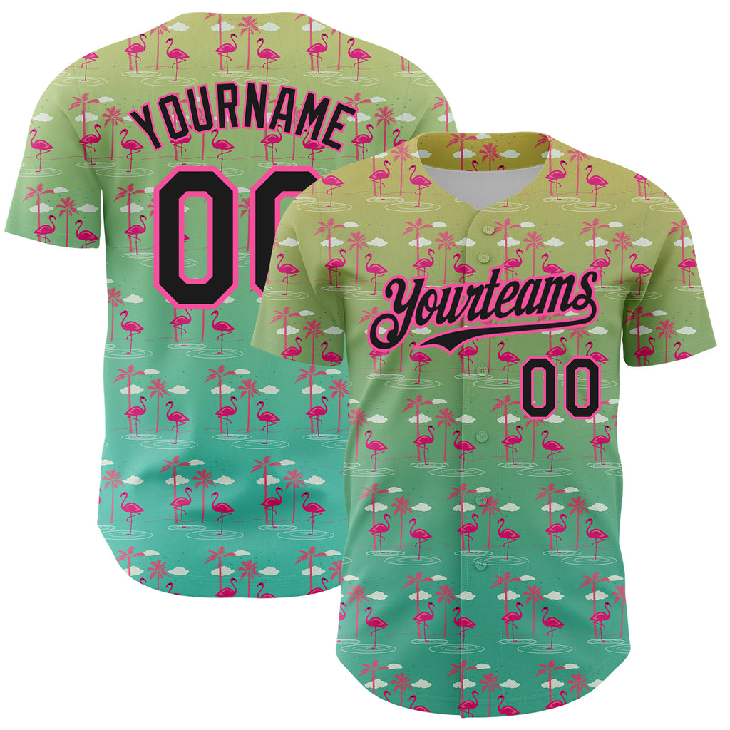 Custom Green Black-Pink 3D Pattern Design Tropical Hawaii Palm Trees And Flamingo Authentic Baseball Jersey