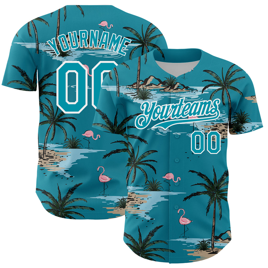 Custom Teal White 3D Pattern Design Tropical Hawaii Palm Trees Authentic Baseball Jersey