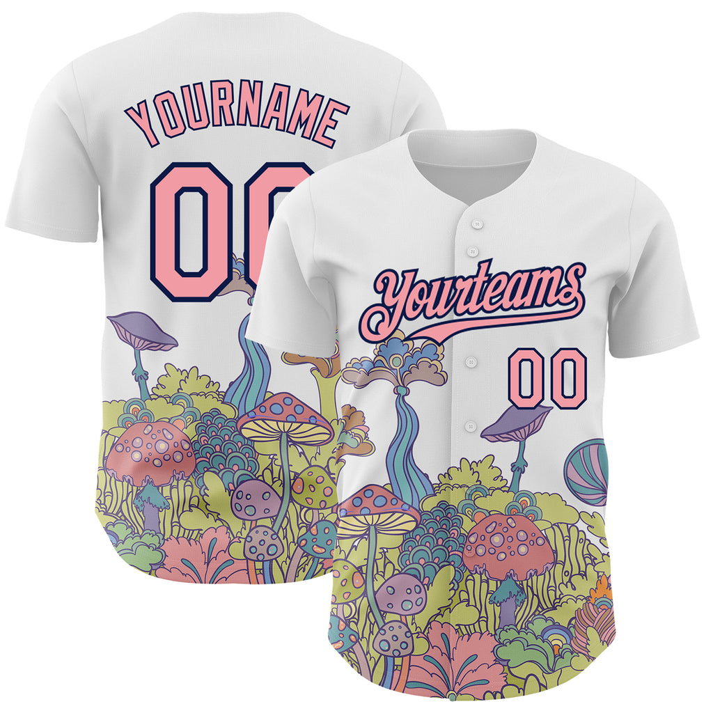 Custom White Medium Pink-Navy 3D Pattern Design Colorful Flowers And Mushrooms Psychedelic Hallucination Authentic Baseball Jersey