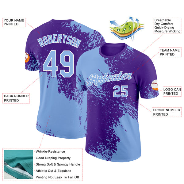 Custom Light Blue Purple-White 3D Pattern Design Abstract Brush Stroke Performance T-Shirt