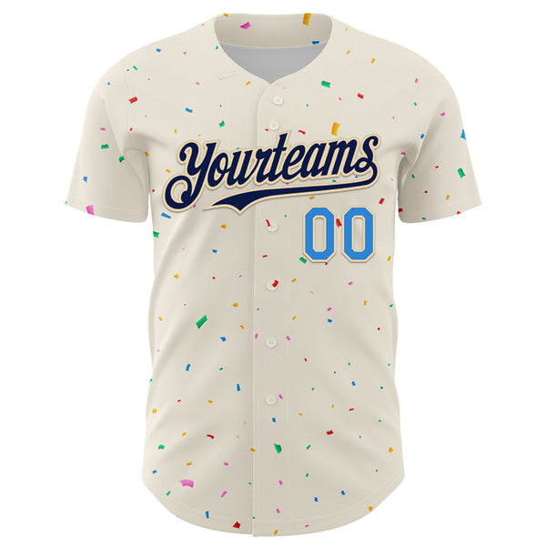 Custom Cream Navy-Electric Blue 3D Pattern Design Confetti Authentic Baseball Jersey