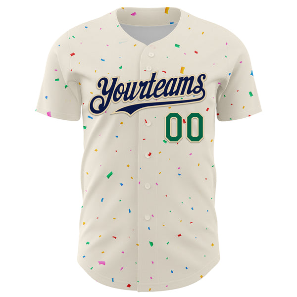 Custom Cream Navy-Kelly Green 3D Pattern Design Confetti Authentic Baseball Jersey