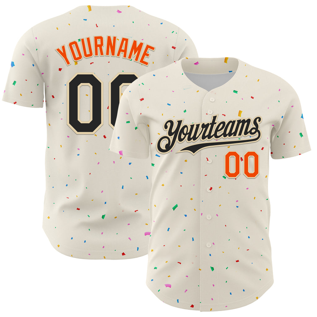 Custom Cream Black-Orange 3D Pattern Design Confetti Authentic Baseball Jersey