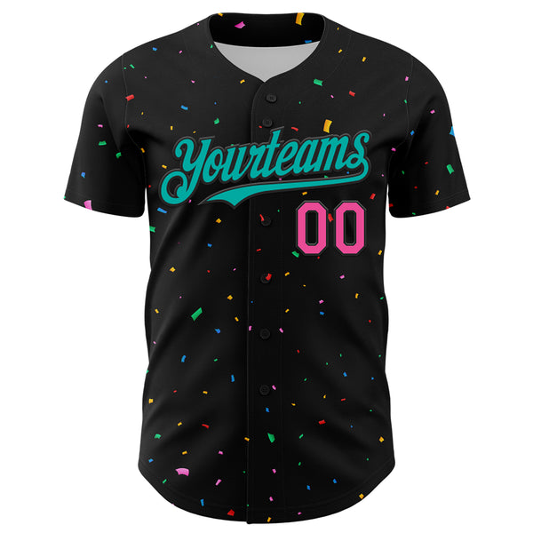 Custom Black Aqua-Pink 3D Pattern Design Confetti Authentic Baseball Jersey