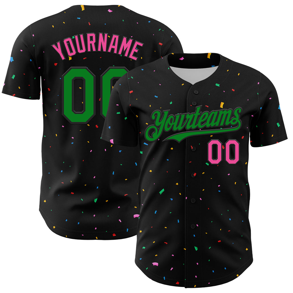 Custom Black Grass Green-Pink 3D Pattern Design Confetti Authentic Baseball Jersey