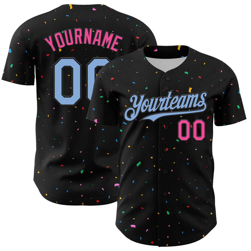 Custom Black Light Blue-Pink 3D Pattern Design Confetti Authentic Baseball Jersey