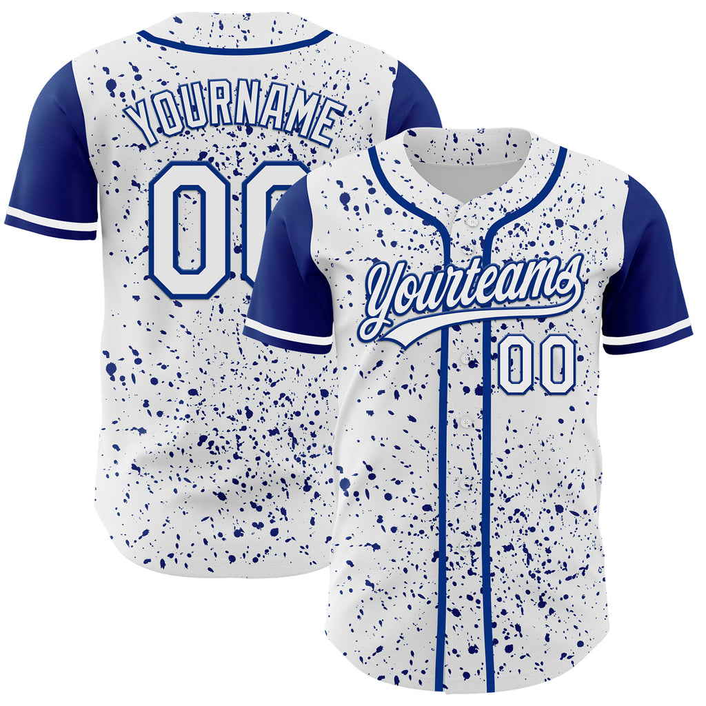 Custom White Royal 3D Pattern Design Abstract Splatter Ink Authentic Baseball Jersey