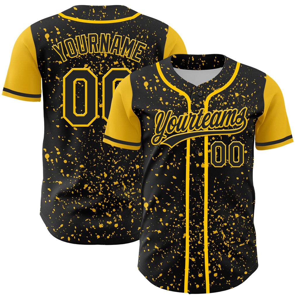 Custom Black Yellow 3D Pattern Design Abstract Splatter Ink Authentic Baseball Jersey