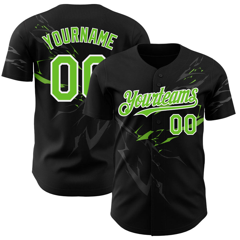 Custom Black Neon Green-White 3D Pattern Design Lightning Authentic Baseball Jersey