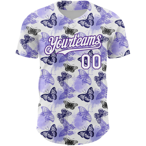 Custom White Purple 3D Pattern Design Animal Butterfly Authentic Baseball Jersey