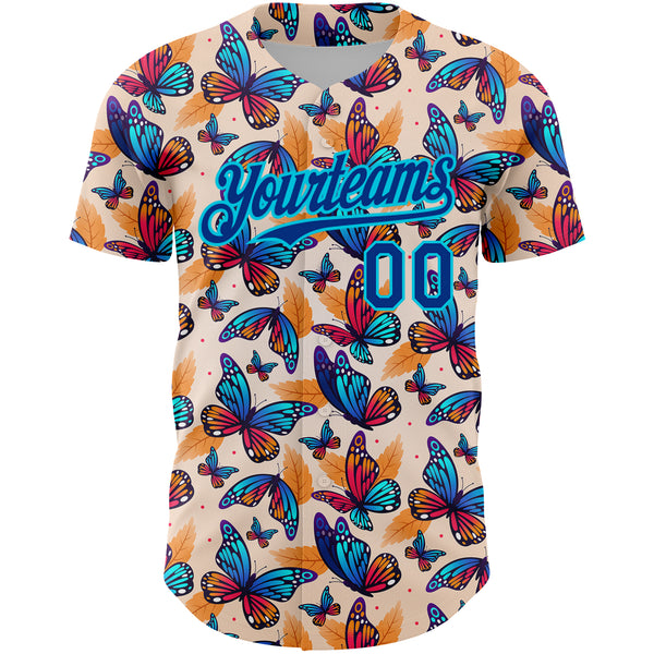 Custom Cream Royal-Lakes Blue 3D Pattern Design Animal Butterfly Authentic Baseball Jersey