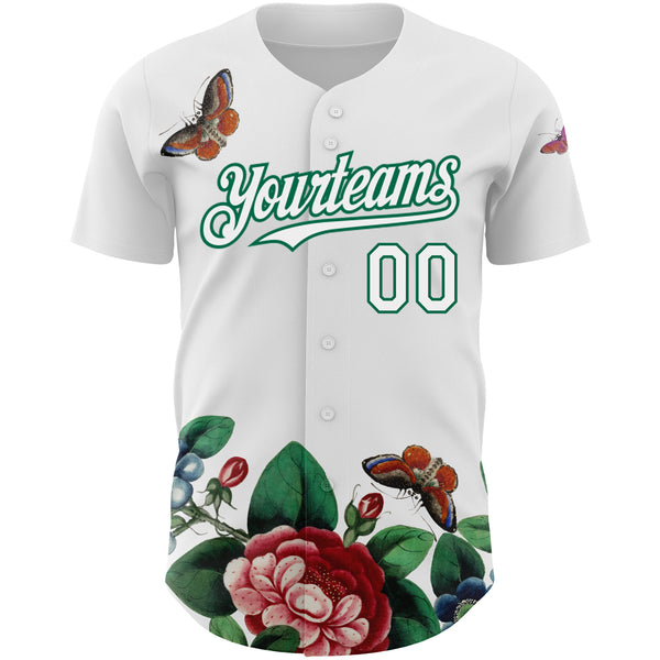 Custom White Kelly Green 3D Pattern Design Animal Butterfly And Flower Authentic Baseball Jersey