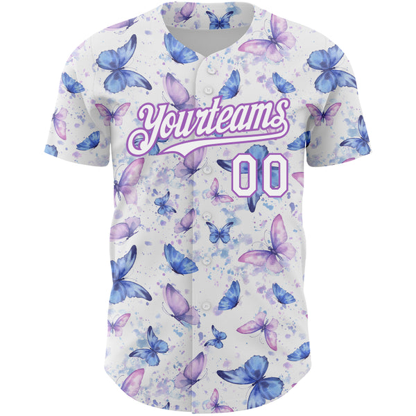 Custom White Medium Purple 3D Pattern Design Animal Butterfly Authentic Baseball Jersey