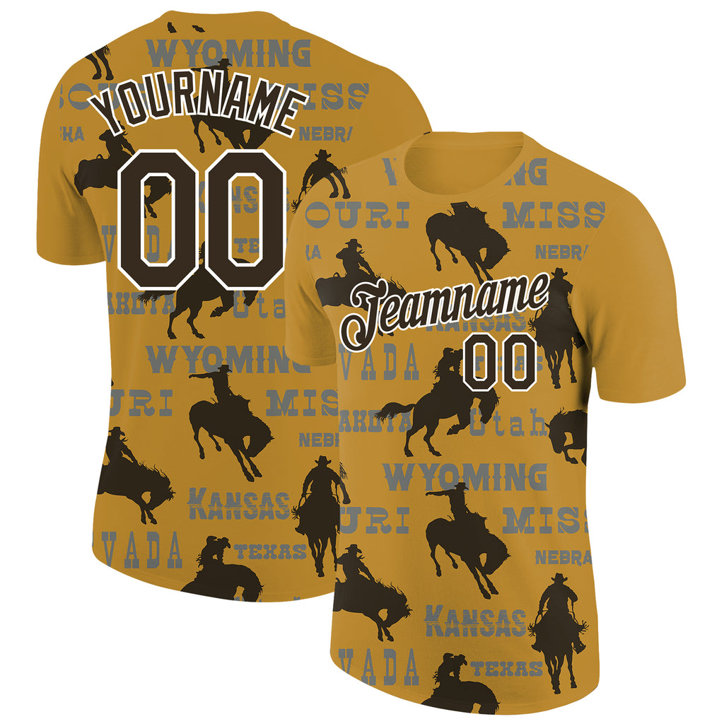 Custom Old Gold Black-White 3D Pattern Design Cowboy Rodeo Performance T-Shirt