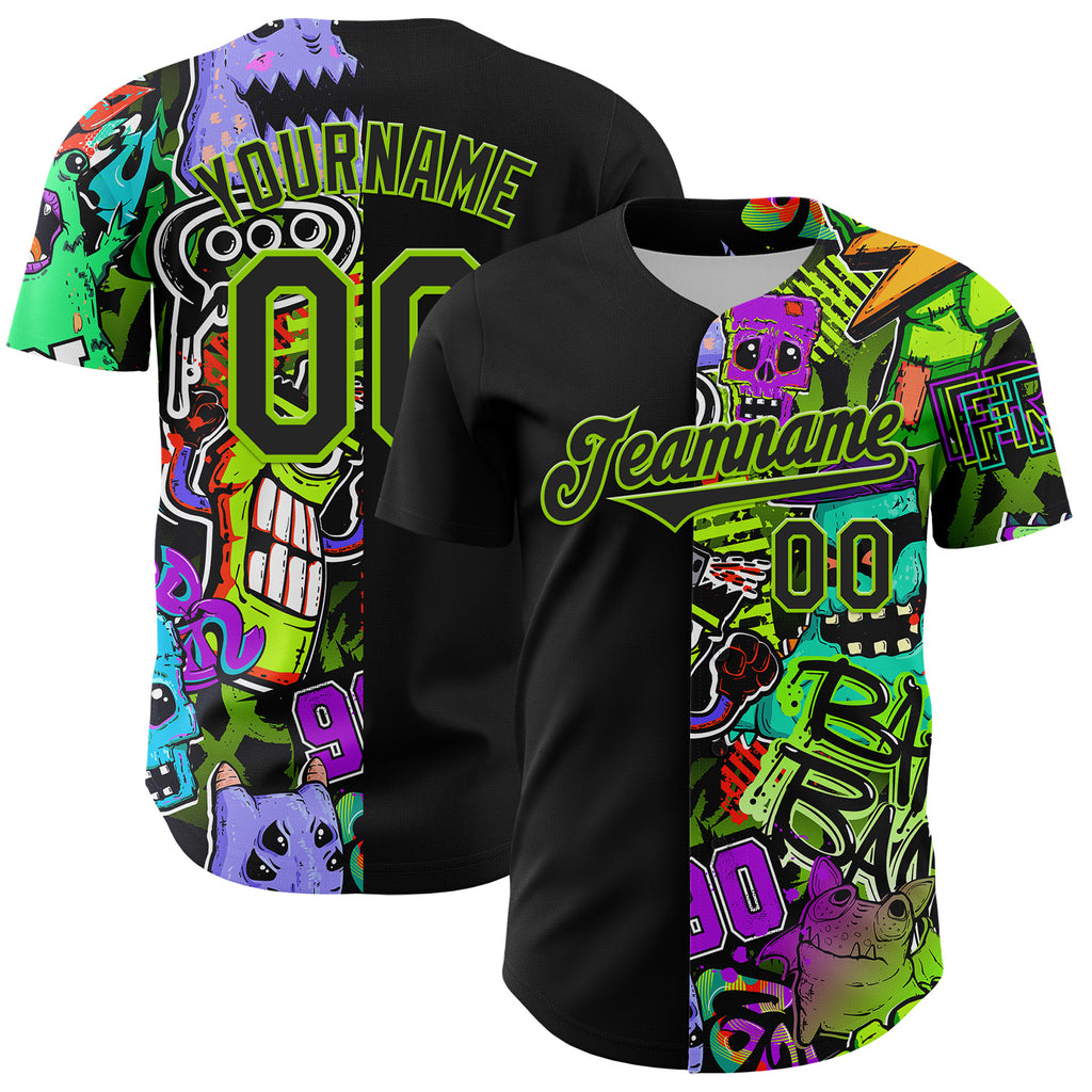 Custom Black Neon Green 3D Pattern Design Rave Monster Authentic Baseball Jersey