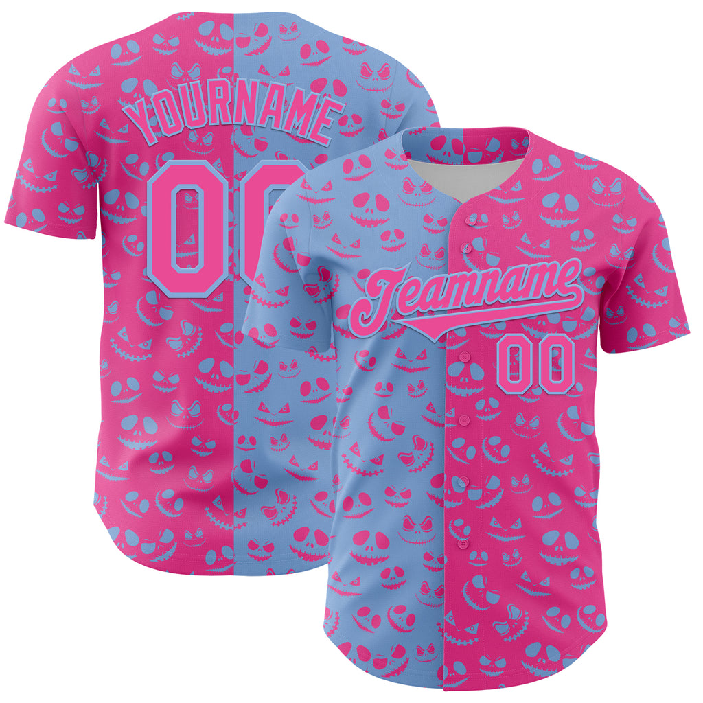 Custom Pink Light Blue 3D Pattern Design Rave Halloween Pumpkin Authentic Baseball Jersey