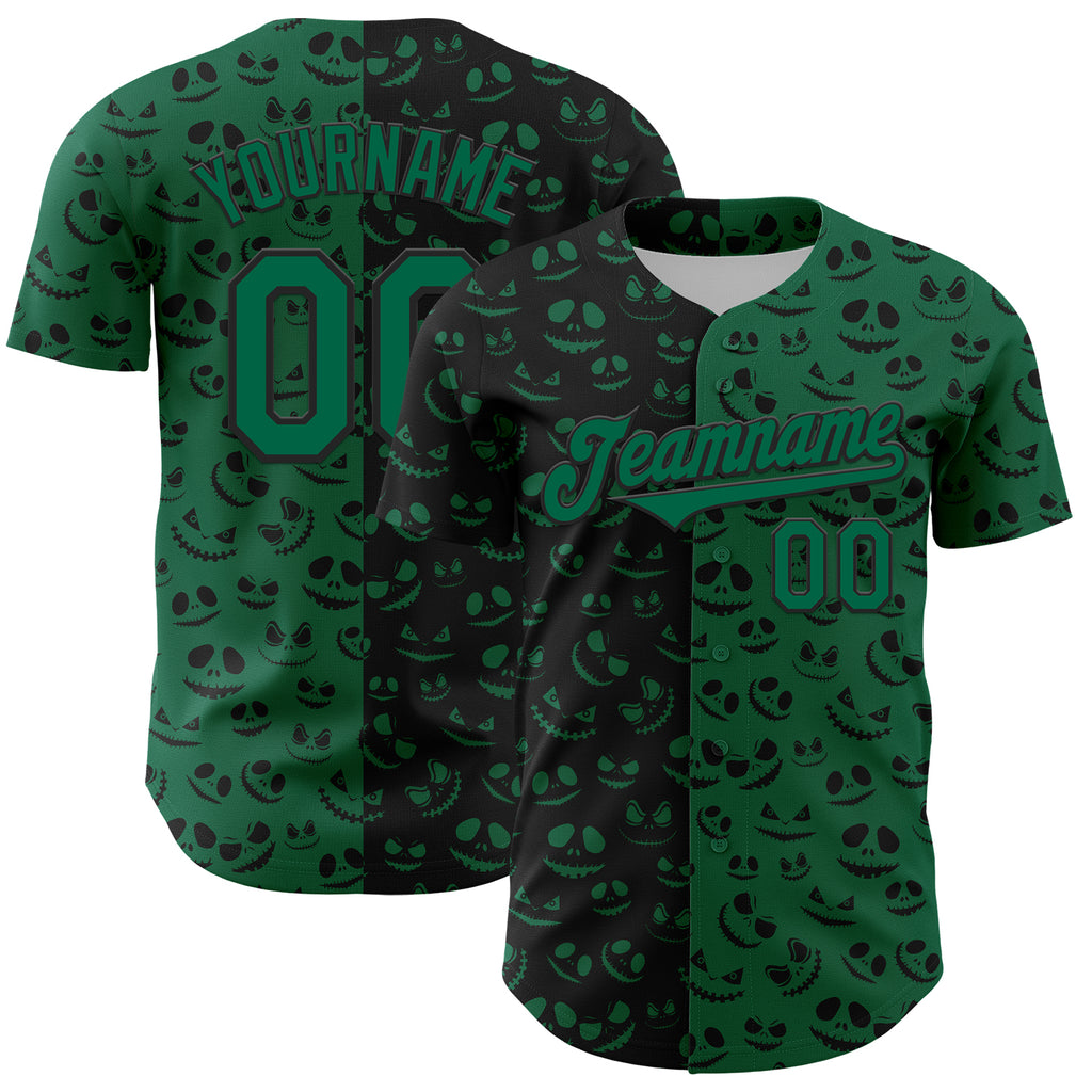 Custom Kelly Green Black 3D Pattern Design Rave Halloween Pumpkin Authentic Baseball Jersey