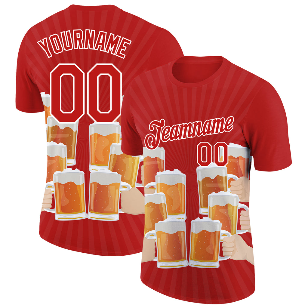 Custom Fire Red White 3D Pattern Design Beer Performance T-Shirt