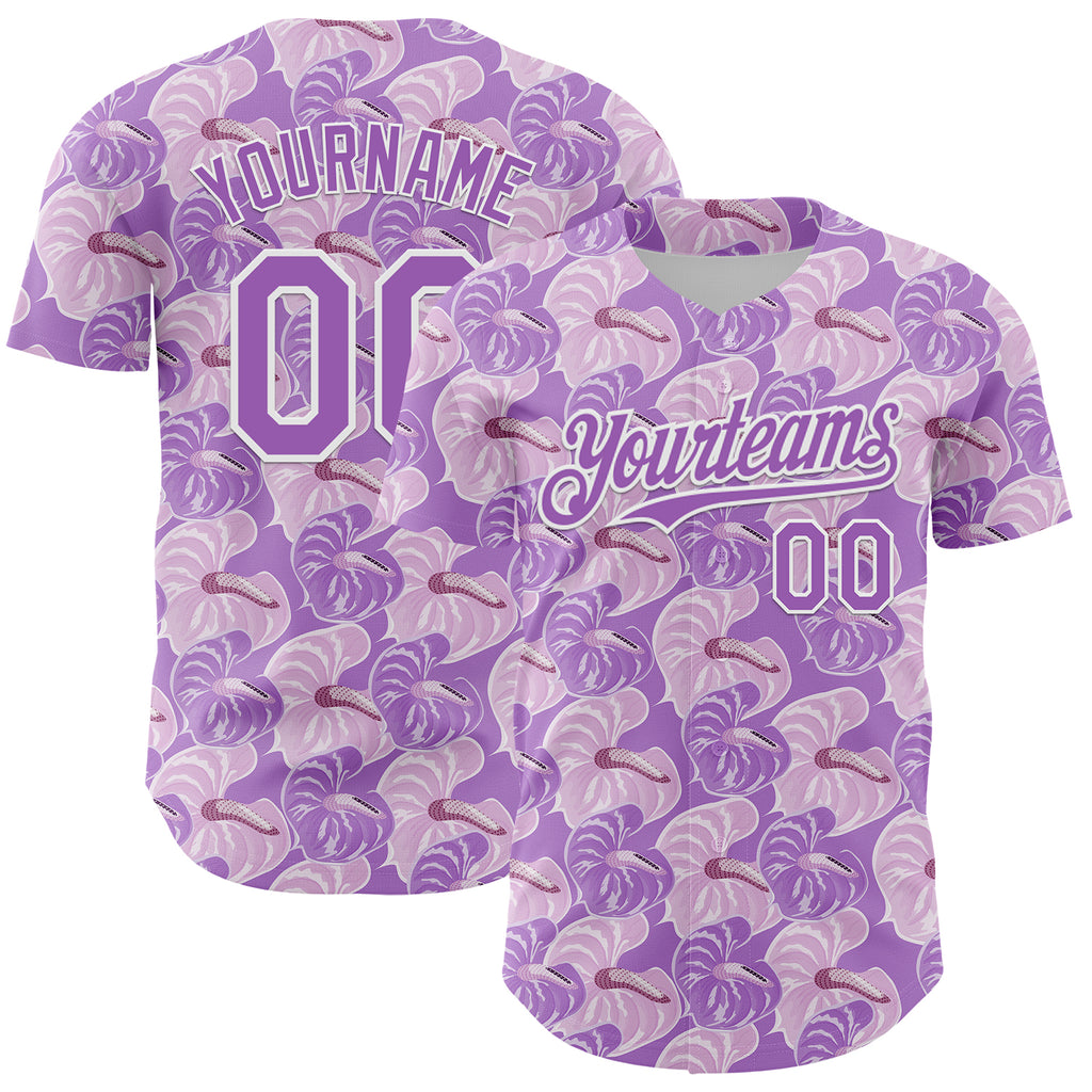 Custom Light Purple White 3D Pattern Design Tropical Anthurium Flower Authentic Baseball Jersey