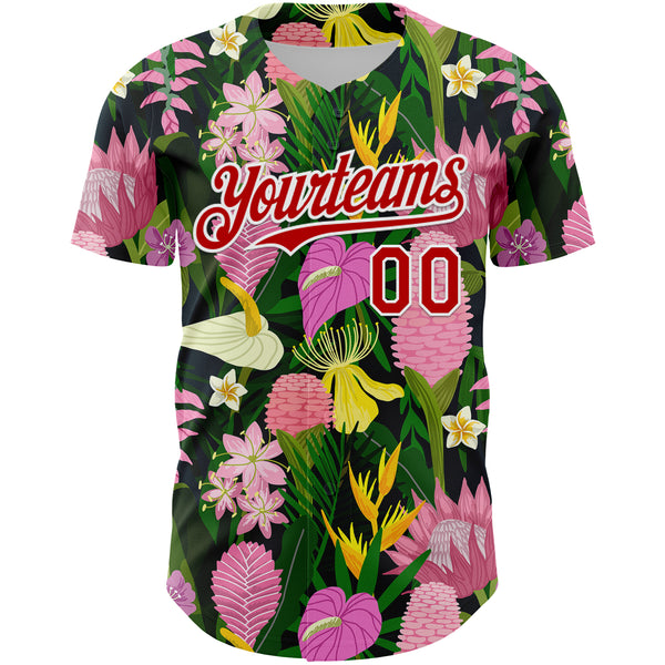 Custom Kelly Green Red-White 3D Pattern Design Tropical Anthurium Flower Authentic Baseball Jersey