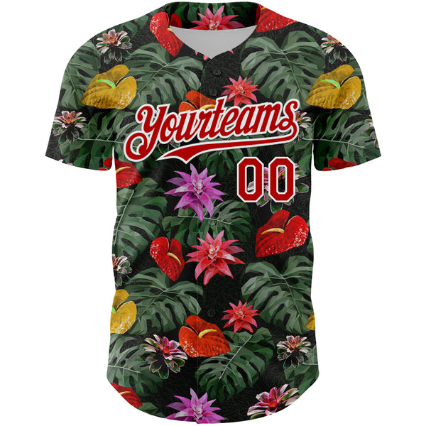 Custom Kelly Green Red-White 3D Pattern Design Tropical Anthurium Flower Authentic Baseball Jersey