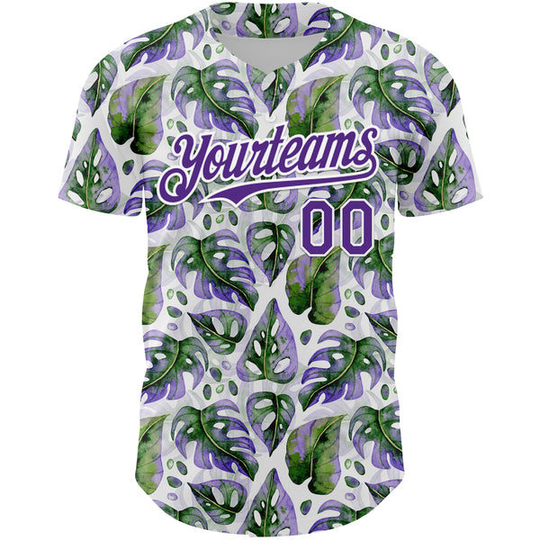 Custom White Purple 3D Pattern Design Tropical Monstera Authentic Baseball Jersey