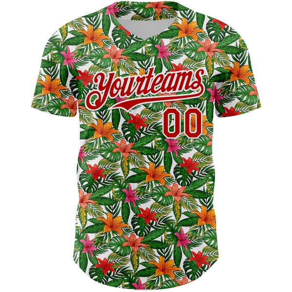 Custom White Red 3D Pattern Design Tropical Flower Authentic Baseball Jersey