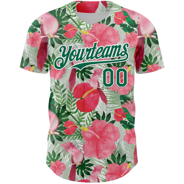 Custom White Kelly Green 3D Pattern Design Tropical Plant And Bird Authentic Baseball Jersey