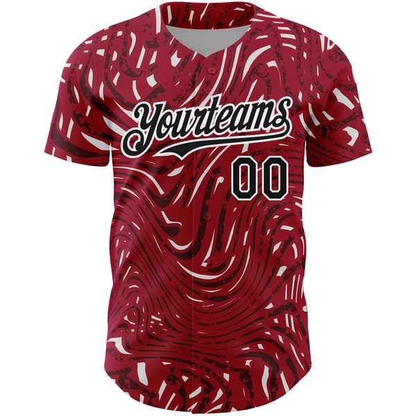 Custom Crimson Black-White 3D Pattern Design Abstract Fluid Authentic Baseball Jersey