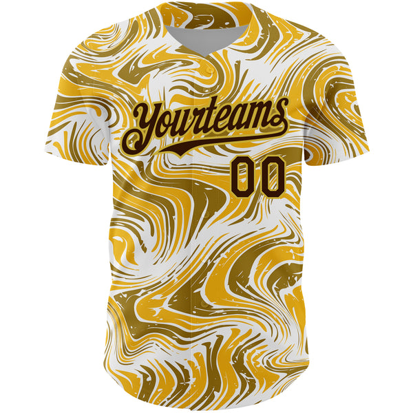 Custom Yellow Brown-Old Gold 3D Pattern Design Abstract Fluid Authentic Baseball Jersey