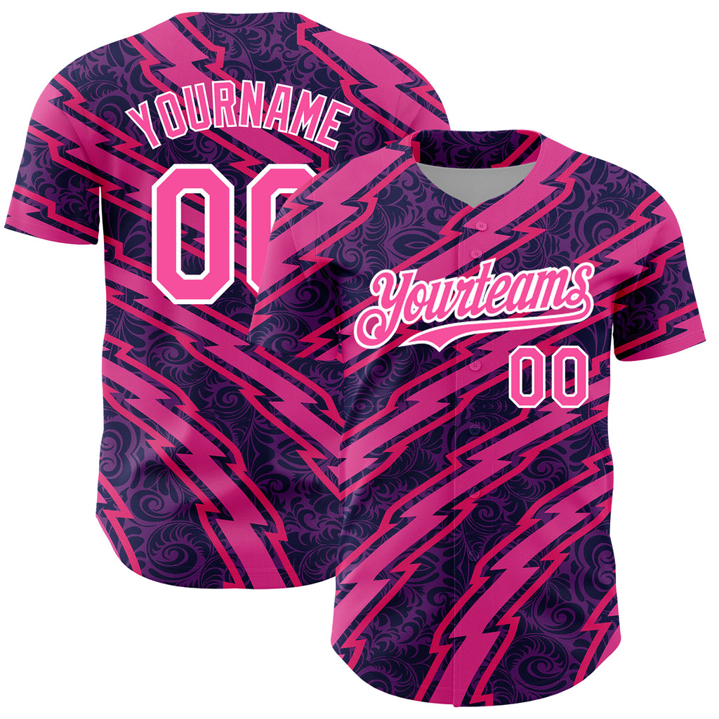 Custom Purple Pink-White 3D Pattern Design Zigzag Authentic Baseball Jersey