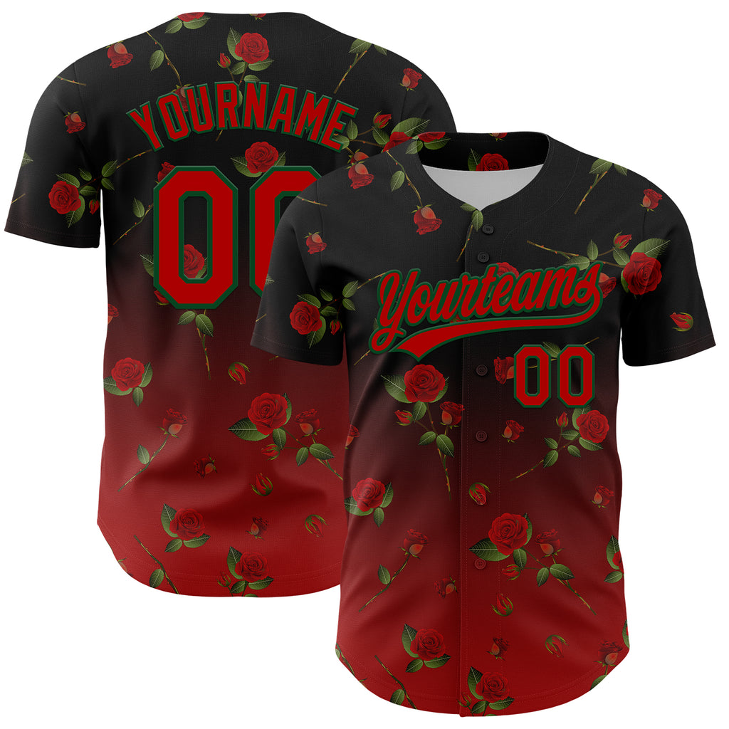 Custom Black Red-Green 3D Pattern Design Gothic Style Rose Authentic Baseball Jersey