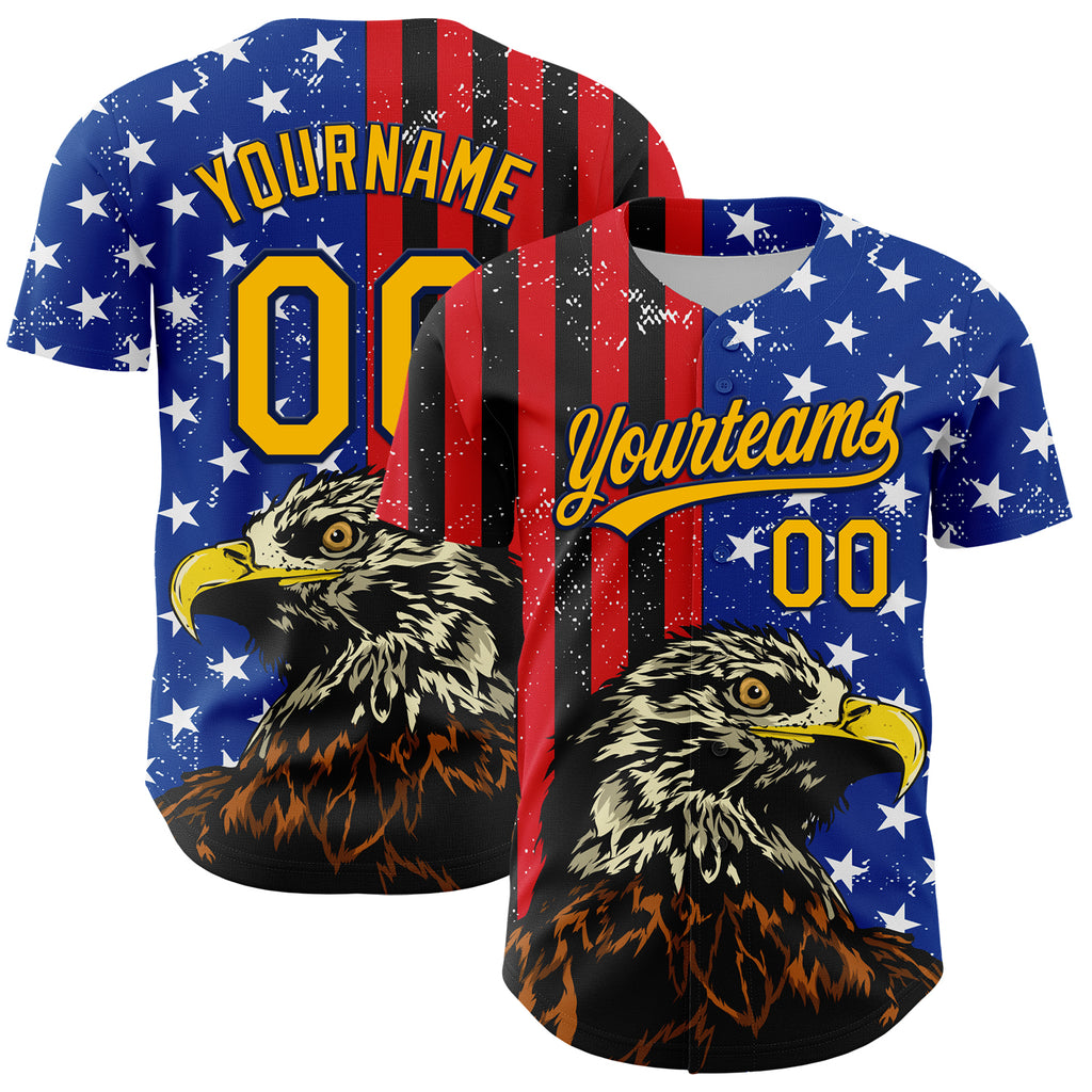 Custom Navy Gold-Red 3D American Flag Eagle And Star Authentic Baseball Jersey