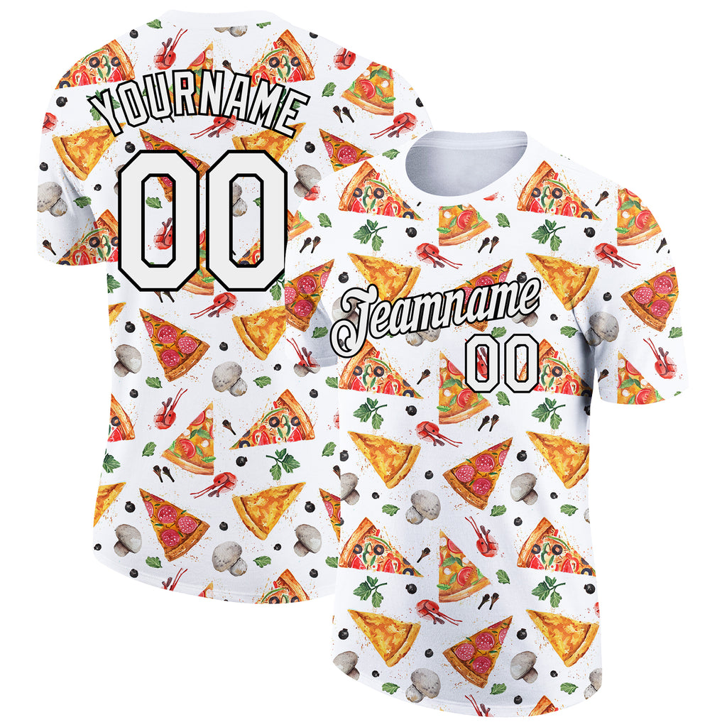 Custom White Black 3D Pattern Design Food Pizza Performance T-Shirt