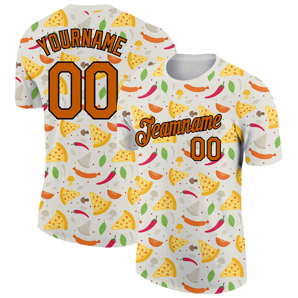 Custom Light Gray Texas Orange-Black 3D Pattern Design Food Pizza Performance T-Shirt