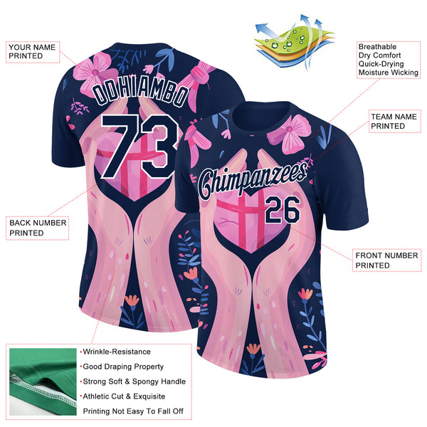 Custom Navy White 3D Pink Ribbon Breast Cancer Performance T-Shirt