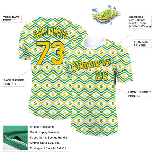 Custom White Yellow-Midnight Green 3D Pattern Design Dollar Sign Money Theme Performance T-Shirt