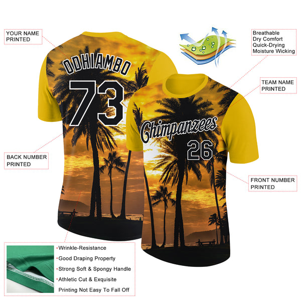 Custom Gold Black-White 3D Pattern Design Hawaii Palm Trees Performance T-Shirt