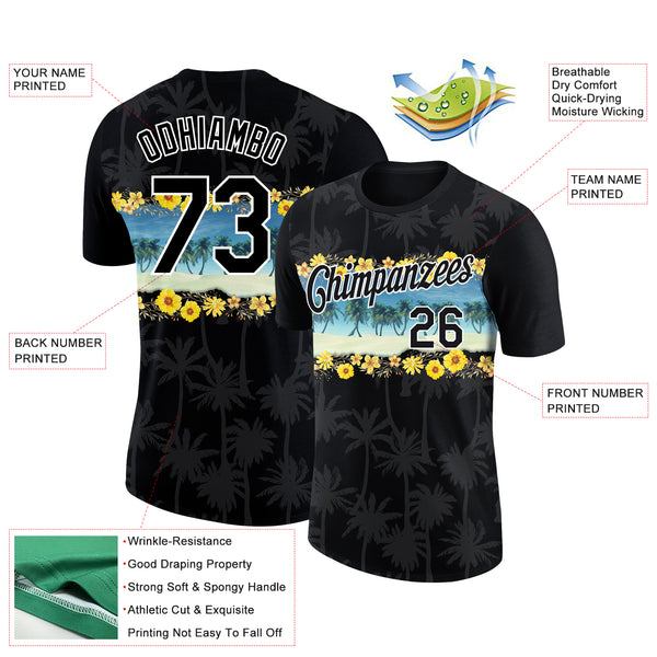 Custom Black White 3D Pattern Design Hawaii Palm Trees On Beach Performance T-Shirt