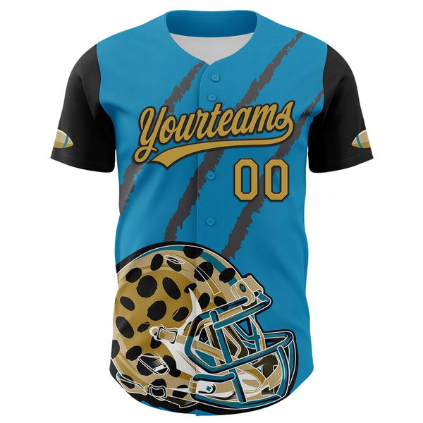 Custom Panther Blue Old Gold-Black 3D Pattern Design Football Jaguar Helmet And Animal Claw Authentic Baseball Jersey