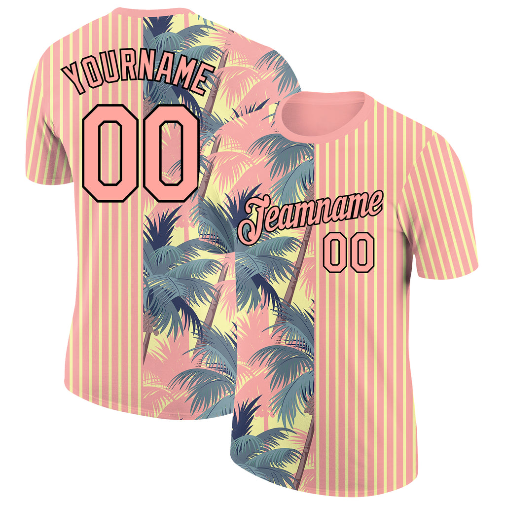 Custom Medium Pink Light Yellow-Black 3D Tropical Hawaii Trees Performance T-Shirt