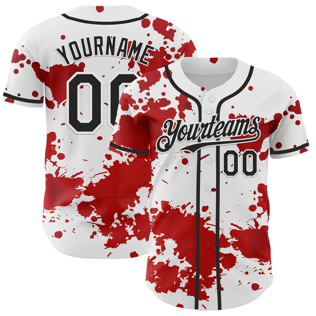 Custom White Black-Red 3D Pattern Design Rave Splash Authentic Baseball Jersey