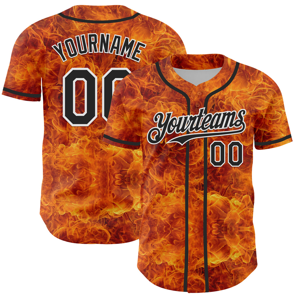 Custom Orange Black-White 3D Pattern Design Rave Flame Authentic Baseball Jersey