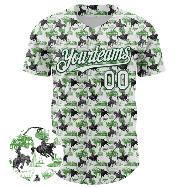 Custom White Green 3D Pattern Design Rodeo Cowboy Authentic Baseball Jersey