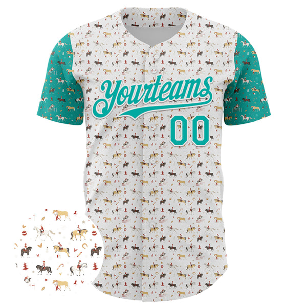 Custom White Aqua 3D Pattern Design Rodeo Cowboy Authentic Baseball Jersey