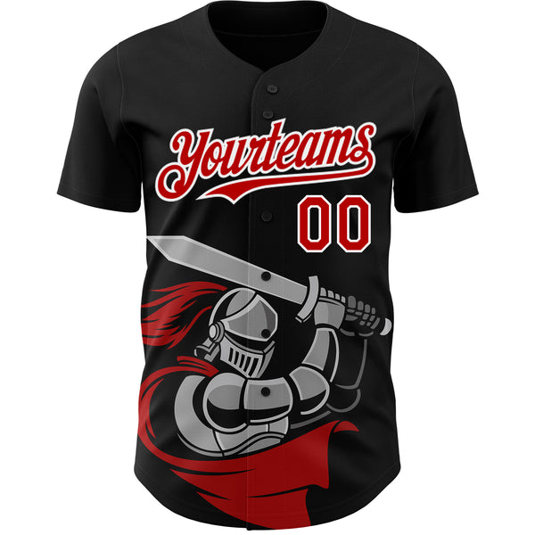 Custom Black Red-White 3D Pattern Design Knight Hero Art Authentic Baseball Jersey