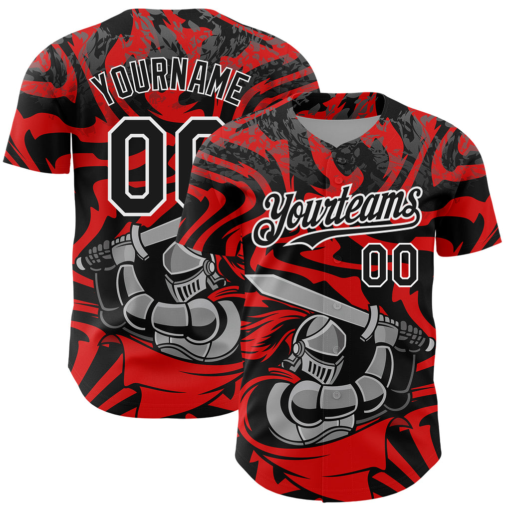 Custom Red Black-White 3D Pattern Design Knight Hero Art Authentic Baseball Jersey